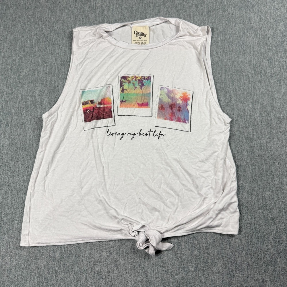 Dirtee Laundry Tank Top Womens M White Graphic‎ Cropped Knot Living My Best Life